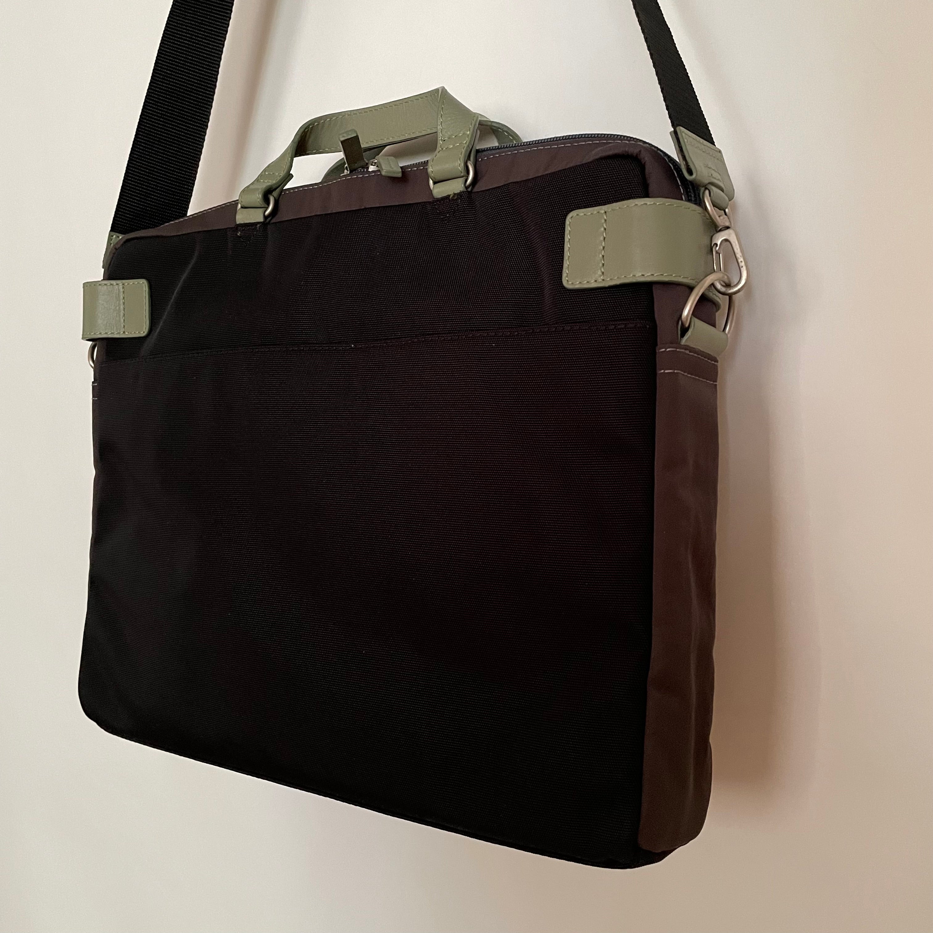 Premium Collection | Nylon x Leather Briefcase with Stripe Stitch Accents | Black x Sage